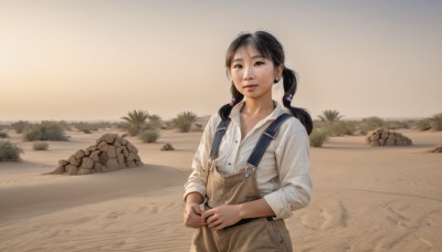 1girl,solo,long hair,looking at viewer,smile,bangs,shirt,black hair,hair ornament,long sleeves,twintails,brown eyes,jewelry,standing,white shirt,earrings,outdoors,parted lips,day,collared shirt,black eyes,tree,lips,hair bobbles,sleeves rolled up,rock,realistic,sand,overalls,desert,upper body,mole,beach,sunset