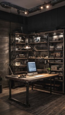 indoors,cup,book,no humans,chair,table,plant,scenery,desk,wooden floor,realistic,bookshelf,potted plant,light,lamp,cable,computer,monitor,shelf,laptop,keyboard (computer),ceiling,light bulb,ceiling light