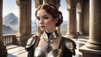 1girl,solo,breasts,looking at viewer,blue eyes,brown hair,hair ornament,cleavage,jewelry,upper body,braid,earrings,outdoors,parted lips,day,necklace,hair bun,armor,mole,lips,sunlight,shoulder armor,gem,freckles,pauldrons,mountain,realistic,fantasy,pillar,column,long hair,collarbone,choker,collar,makeup,single hair bun,portrait,forehead,pendant,backlighting,red lips