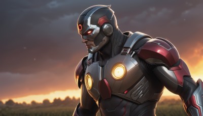 solo,red eyes,1boy,upper body,male focus,outdoors,sky,cloud,armor,glowing,helmet,glowing eyes,science fiction,sunset,power armor,android,forehead jewel,cyborg