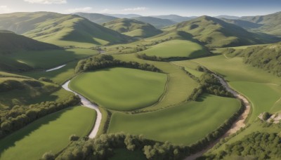 outdoors,sky,day,cloud,tree,no humans,grass,nature,scenery,forest,mountain,road,field,river,landscape,mountainous horizon,hill,blue sky,from above,bush,green theme,path