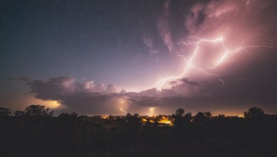 outdoors,sky,cloud,tree,no humans,night,cloudy sky,grass,building,star (sky),nature,night sky,scenery,forest,starry sky,sunset,lightning,landscape,fire,dark