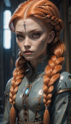 1girl,solo,long hair,breasts,looking at viewer,brown hair,brown eyes,upper body,braid,small breasts,parted lips,artist name,orange hair,blurry,twin braids,lips,bodysuit,makeup,blurry background,facial mark,forehead,zipper,freckles,nose,bangs,yellow eyes,eyelashes,tattoo,hair over shoulder,science fiction,realistic,cyborg,dirty,cyberpunk,dirty face,multiple braids