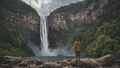 1girl, solo, standing, outdoors, sky, cloud, hood, water, bag, from behind, tree, backpack, nature, scenery, facing away, wide shot, waterfall, landscape, cliff