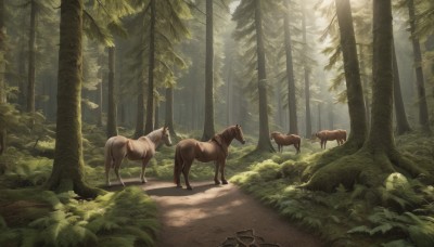 outdoors,day,tree,no humans,animal,sunlight,grass,nature,scenery,forest,light rays,bush,horse,deer,plant,green theme