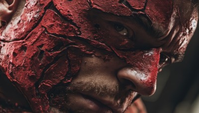 solo,looking at viewer,open mouth,1boy,hat,male focus,teeth,blurry,black eyes,facial hair,helmet,portrait,close-up,realistic,red theme,black hair,blood,blood on face