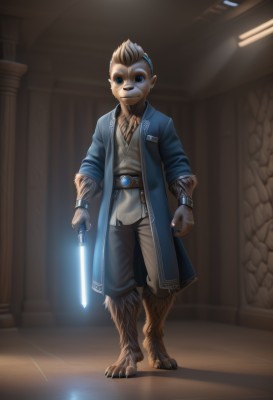 solo,looking at viewer,blue eyes,shirt,1boy,holding,jewelry,standing,full body,weapon,male focus,open clothes,belt,pants,sword,artist name,indoors,holding weapon,blurry,coat,glowing,holding sword,furry,colored sclera,robe,fantasy,furry male,white fur,energy sword,lightsaber,smile,animal ears,barefoot,science fiction,fur,pillar,alien,brown fur,mohawk