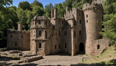 outdoors,sky,day,cloud,tree,blue sky,no humans,window,grass,building,nature,scenery,forest,road,ruins,path,arch,castle