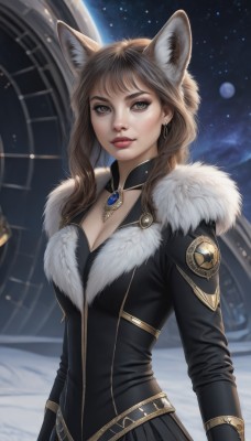 1girl,solo,long hair,breasts,looking at viewer,bangs,large breasts,brown hair,long sleeves,animal ears,cleavage,brown eyes,jewelry,medium breasts,closed mouth,jacket,upper body,earrings,outdoors,sky,artist name,necklace,blurry,lips,fur trim,fox ears,makeup,night,blurry background,moon,gem,star (sky),pendant,starry sky,fur collar,nose,red lips,space,planet,skirt,dress,pleated skirt,extra ears,freckles,realistic