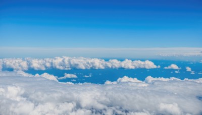 monochrome,outdoors,sky,day,cloud,water,blue sky,no humans,bird,ocean,cloudy sky,scenery,flying,blue theme,horizon,landscape,above clouds