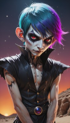 1girl,solo,looking at viewer,short hair,shirt,red eyes,1boy,jewelry,closed mouth,blue hair,collarbone,upper body,pink hair,purple hair,male focus,multicolored hair,earrings,sleeveless,belt,artist name,wet,torn clothes,black shirt,tattoo,gradient hair,makeup,facial mark,gem,sunset,stud earrings,eyeliner,wet hair,torn shirt,mascara,torn sleeves,bangs,outdoors,sky,vest,lips,eyelashes,lipstick,eyeshadow,backlighting,high collar,facepaint,facial tattoo,popped collar,torn jacket