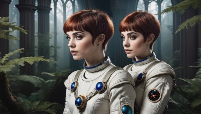 short hair,bangs,brown hair,1boy,brown eyes,jewelry,closed mouth,upper body,male focus,earrings,multiple boys,2boys,tree,lips,siblings,plant,nature,androgynous,dual persona,forest,science fiction,realistic,nose,brothers,pillar,spacesuit,column,multiple girls,2girls,signature,leaf,emblem