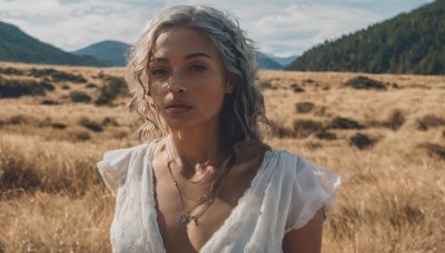 1girl,solo,long hair,breasts,looking at viewer,blue eyes,shirt,black hair,dress,cleavage,jewelry,collarbone,white shirt,upper body,outdoors,parted lips,sky,teeth,day,dark skin,medium hair,necklace,white dress,blurry,dark-skinned female,lips,depth of field,blurry background,freckles,curly hair,mountain,realistic,field,cloud,mole