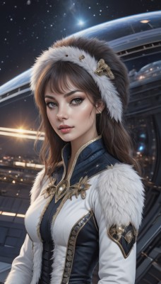 1girl,solo,long hair,breasts,looking at viewer,bangs,brown hair,long sleeves,brown eyes,jewelry,medium breasts,closed mouth,upper body,hairband,sky,black eyes,lips,coat,fur trim,eyelashes,makeup,night,star (sky),night sky,starry sky,science fiction,realistic,nose,space,planet,spacecraft,hat,outdoors,artist name,signature,hood,building,red lips