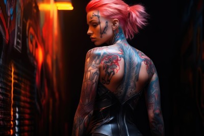 1girl,solo,short hair,bare shoulders,jewelry,upper body,ponytail,pink hair,earrings,looking back,dark skin,from behind,blurry,dark-skinned female,lips,tattoo,makeup,blurry background,back,piercing,ear piercing,short ponytail,backless outfit,nose,arm tattoo,shoulder tattoo,undercut,facial tattoo,neck tattoo,back tattoo,neon lights,closed mouth,closed eyes,red hair