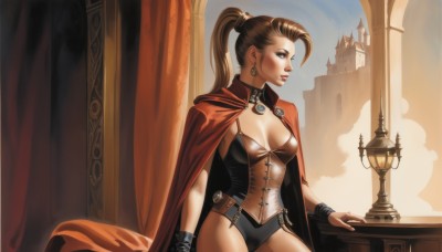 1girl,solo,long hair,breasts,brown hair,cleavage,brown eyes,jewelry,medium breasts,ponytail,earrings,belt,cape,leotard,lips,window,makeup,high ponytail,lipstick,corset,red cape,red lips,lamp,hair pulled back,bustier,choker,necklace,curtains,nose,bracer