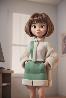 1girl,solo,looking at viewer,smile,short hair,bangs,skirt,brown hair,shirt,long sleeves,brown eyes,closed mouth,standing,white shirt,indoors,blurry,sweater,lips,coat,fur trim,blurry background,feet out of frame,bob cut,thick eyebrows,green skirt,child,freckles,hands in pockets,female child,jacket,shorts,realistic