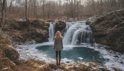 1girl,solo,long hair,blonde hair,brown hair,long sleeves,standing,jacket,pantyhose,boots,outdoors,pants,hood,water,from behind,scarf,tree,coat,fur trim,brown footwear,black pants,nature,scenery,snow,forest,rock,arms at sides,winter clothes,wide shot,winter,bare tree,river,waterfall,day,black footwear,black pantyhose,grass,ice,hands in pockets,facing away,brown coat,hooded coat,grey coat,stream