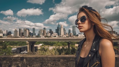 1girl,solo,long hair,breasts,blonde hair,brown hair,cleavage,jewelry,jacket,upper body,outdoors,sky,sleeveless,day,cloud,necklace,vest,lips,sunglasses,cloudy sky,building,scenery,eyewear on head,zipper,city,realistic,cityscape,leather,bridge,aviator sunglasses,bare shoulders,wind,freckles