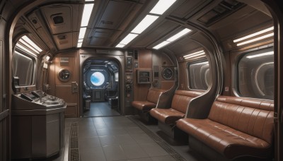 indoors,no humans,window,scenery,reflection,science fiction,realistic,tiles,cable,tile floor,cockpit,washing machine,seat,couch,1other,spacesuit