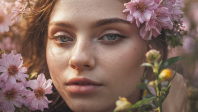 1girl, solo, looking at viewer, brown hair, hair ornament, flower, parted lips, hair flower, blurry, lips, eyelashes, depth of field, portrait, close-up, freckles, realistic, nose