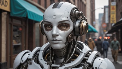 1girl,looking at viewer,brown eyes,closed mouth,upper body,outdoors,multiple boys,solo focus,blurry,lips,depth of field,blurry background,headphones,sunglasses,helmet,robot,building,portrait,science fiction,city,sign,realistic,android,cable,cyborg,street,cyberpunk,humanoid robot,solo,colored skin,close-up,road,bald,tinted eyewear