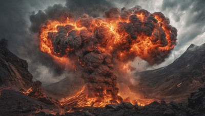 outdoors, sky, cloud, no humans, cloudy sky, fire, scenery, smoke, mountain, molten rock