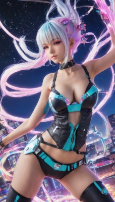 1girl,solo,long hair,breasts,looking at viewer,bangs,blue eyes,large breasts,hair ornament,thighhighs,gloves,cleavage,bare shoulders,medium breasts,very long hair,underwear,blue hair,standing,collarbone,ponytail,pink hair,white hair,multicolored hair,cowboy shot,outdoors,sky,shorts,choker,black thighhighs,armpits,arm up,two-tone hair,lips,makeup,night,floating hair,ass visible through thighs,building,legs apart,city,realistic,cityscape,panties,parted lips,belt,collar,gradient hair,star (sky),night sky,eyeshadow,starry sky,science fiction,bustier,city lights,cyberpunk