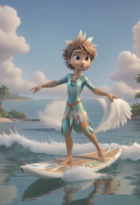 1girl,solo,smile,short hair,open mouth,blue eyes,brown hair,1boy,dress,jewelry,standing,full body,short sleeves,male focus,outdoors,sky,barefoot,day,artist name,cloud,dark skin,water,necklace,tree,blue sky,ocean,watermark,beach,cloudy sky,outstretched arms,feathers,spiked hair,child,reflection,palm tree,waves,surfboard,standing on liquid,blonde hair,wings,sand