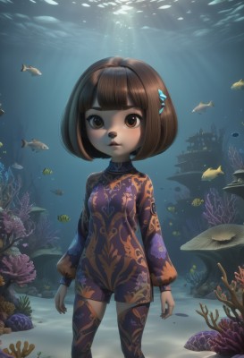 1girl,solo,breasts,looking at viewer,short hair,bangs,brown hair,hair ornament,thighhighs,long sleeves,brown eyes,closed mouth,standing,small breasts,hairclip,blunt bangs,water,lips,bodysuit,feet out of frame,ocean,animal,floral print,sunlight,bob cut,child,fish,light rays,underwater,arms at sides,air bubble,sunbeam,turtle,coral,aquarium,seaweed,clownfish,blush