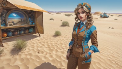 1girl,solo,long hair,breasts,looking at viewer,blue eyes,brown hair,shirt,long sleeves,brown eyes,jewelry,closed mouth,standing,jacket,white shirt,cowboy shot,earrings,outdoors,necktie,sky,day,collared shirt,belt,pants,nail polish,vest,bracelet,blue sky,lips,makeup,buttons,shadow,beach,suspenders,blue shirt,lipstick,blue jacket,goggles,ground vehicle,motor vehicle,brown gloves,sleeves rolled up,freckles,curly hair,goggles on head,hand in pocket,brown jacket,blue necktie,rock,aircraft,hands in pockets,sand,red lips,brown belt,overalls,brown pants,brown vest,desert,footprints,cactus,bangs,gloves,hat,medium breasts,parted lips,open clothes,open jacket,helmet,scenery,brown headwear,blue vest,goggles on headwear