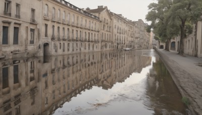 outdoors,sky,day,water,tree,no humans,window,building,scenery,snow,reflection,door,road,house,bridge,lamppost,street,river,puddle,architecture