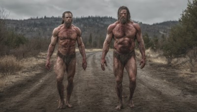 looking at viewer,short hair,blonde hair,brown hair,navel,nipples,standing,full body,male focus,outdoors,multiple boys,barefoot,cloud,2boys,tree,blood,muscular,facial hair,parody,abs,cloudy sky,pectorals,muscular male,nature,beard,forest,topless male,realistic,mustache,manly,chest hair,leg hair,arm hair,hairy,dirty feet,black hair,closed mouth,nude,sky,day,dark skin,pubic hair,bara,large pectorals,mature male,arms at sides,field,navel hair,body hair