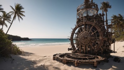 outdoors,sky,day,water,tree,blue sky,no humans,shadow,ocean,beach,plant,scenery,sand,palm tree,horizon,gears,shore,ground vehicle,vehicle focus,desert,steampunk