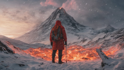 solo, gloves, 1boy, holding, standing, weapon, male focus, boots, outdoors, sky, pants, cloud, hood, from behind, cloudy sky, fire, scenery, snow, 1other, mountain, ambiguous gender, molten rock