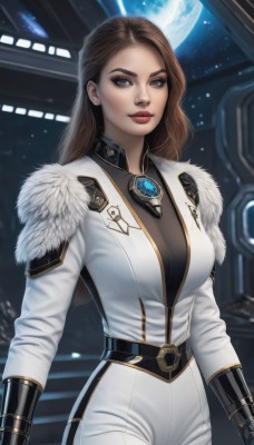 1girl,solo,long hair,breasts,looking at viewer,large breasts,brown hair,gloves,brown eyes,jewelry,medium breasts,jacket,earrings,black gloves,belt,pants,lips,grey eyes,fur trim,bodysuit,makeup,white jacket,lipstick,brooch,gauntlets,eyeshadow,science fiction,realistic,white pants,nose,red lips,hair behind ear,space,planet,earth (planet),smile,long sleeves,closed mouth,standing,cowboy shot,artist name,uniform,military,military uniform,gem,star (sky),forehead