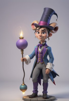 solo,smile,short hair,simple background,black hair,long sleeves,1boy,hat,bow,holding,animal ears,brown eyes,standing,full body,male focus,pants,bowtie,witch hat,staff,furry,purple bow,mouse ears,candle,male child,purple bowtie,dark-skinned male,top hat,grey pants,wizard