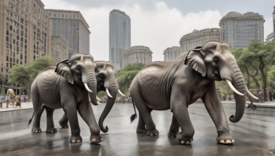 outdoors,horns,sky,day,cloud,tree,no humans,cloudy sky,building,reflection,monster,city,realistic,dinosaur,animal,road,skyscraper,pig,elephant,post-apocalypse