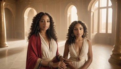 long hair,breasts,looking at viewer,smile,multiple girls,large breasts,brown hair,black hair,dress,2girls,cleavage,brown eyes,jewelry,medium breasts,collarbone,earrings,indoors,dark skin,necklace,white dress,bracelet,dark-skinned female,lips,holding hands,siblings,wavy hair,ring,sisters,curly hair,twins,robe,hoop earrings,realistic,bangle,pillar,very dark skin,column,bangs,hair ornament,closed mouth,upper body,small breasts,sleeveless,day,nail polish,mole,window,no bra,makeup,sleeveless dress,sunlight,gem,breasts apart,backlighting,arch,plunging neckline