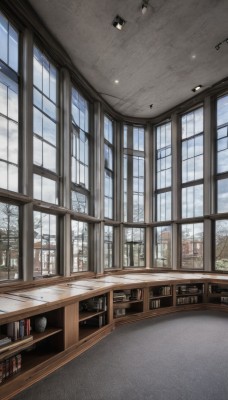 outdoors,sky,day,cloud,indoors,tree,blue sky,book,no humans,window,shadow,chair,table,sunlight,cloudy sky,building,scenery,bookshelf,bare tree,library,school,ceiling,hallway,ceiling light,plant,snow,desk,city,clock,lamp,cityscape,shelf,blinds,office