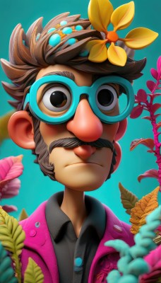 solo,looking at viewer,short hair,simple background,brown hair,shirt,hair ornament,1boy,brown eyes,closed mouth,jacket,upper body,flower,male focus,open clothes,glasses,collared shirt,hair flower,blurry,black eyes,black shirt,buttons,facial hair,leaf,blue background,bug,plant,goggles,portrait,blurry foreground,yellow flower,mustache,pink jacket,aqua background,artist name,depth of field,watermark,thick eyebrows,wing collar,purple jacket