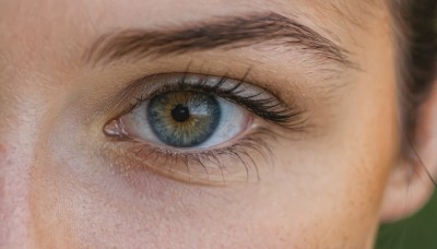 solo,looking at viewer,blue eyes,brown hair,1boy,male focus,blurry,eyelashes,depth of field,close-up,reflection,realistic,eye focus,yellow eyes,tears,portrait,freckles