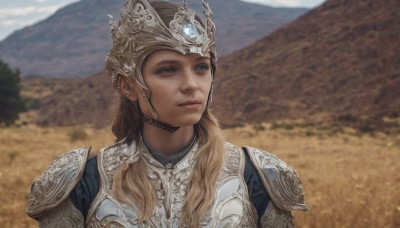 1girl,solo,long hair,blonde hair,brown hair,brown eyes,closed mouth,upper body,outdoors,day,armor,mole,blurry,lips,looking to the side,blurry background,helmet,crown,shoulder armor,portrait,freckles,pauldrons,breastplate,mountain,realistic,chainmail,blue eyes,sky,looking away