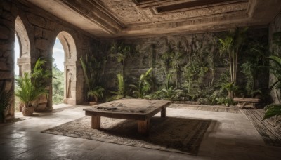 outdoors,sky,day,indoors,tree,no humans,window,shadow,table,sunlight,plant,scenery,stairs,door,potted plant,pillar,arch,grass,bench,ruins,overgrown,column