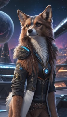 solo,shirt,1boy,brown eyes,jewelry,standing,jacket,tail,male focus,cowboy shot,open clothes,sky,belt,necklace,open jacket,fur trim,black shirt,no humans,night,building,gem,star (sky),night sky,furry,pendant,zipper,starry sky,dog,city,furry male,leather,badge,planet,fur,looking at viewer,outdoors,pants,black jacket,animal,realistic