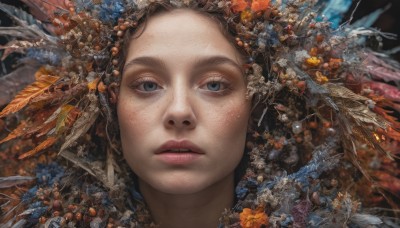 1girl,solo,long hair,looking at viewer,blue eyes,brown hair,hair ornament,parted lips,blurry,lips,eyelashes,depth of field,feathers,portrait,close-up,freckles,fish,realistic,nose,flower,teeth,gold