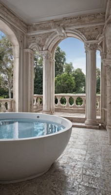 outdoors,sky,day,cloud,water,tree,blue sky,no humans,nature,scenery,architecture,pillar,statue,arch,column,fountain,indoors,window,plant,bush