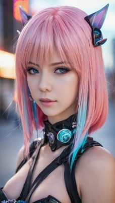 1girl,solo,breasts,looking at viewer,short hair,bangs,blue eyes,animal ears,cleavage,bare shoulders,jewelry,medium breasts,closed mouth,blue hair,upper body,pink hair,multicolored hair,artist name,cat ears,blurry,two-tone hair,lips,eyelashes,gradient hair,makeup,blurry background,watermark,web address,eyeshadow,pink lips,realistic,nose,hair ornament,earrings,parted lips,fake animal ears,portrait