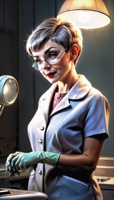 1girl,solo,breasts,smile,short hair,shirt,black hair,gloves,brown eyes,jewelry,upper body,short sleeves,grey hair,earrings,glasses,indoors,dark skin,dark-skinned female,lips,blood,makeup,buttons,thick eyebrows,lipstick,desk,realistic,nose,round eyewear,labcoat,blue gloves,red lips,stud earrings,lamp,nosebleed,very short hair,latex gloves,doctor,looking at viewer,green gloves