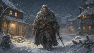 solo,red eyes,gloves,1boy,hat,holding,standing,weapon,male focus,boots,outdoors,sky,belt,sword,holding weapon,armor,tree,gun,torn clothes,fur trim,window,night,glowing,facial hair,animal,holding sword,building,sheath,glowing eyes,cloak,beard,snow,brown gloves,walking,rain,lantern,snowing,house,bare tree,looking at viewer,helmet,knife,scenery,pouch,old,old man